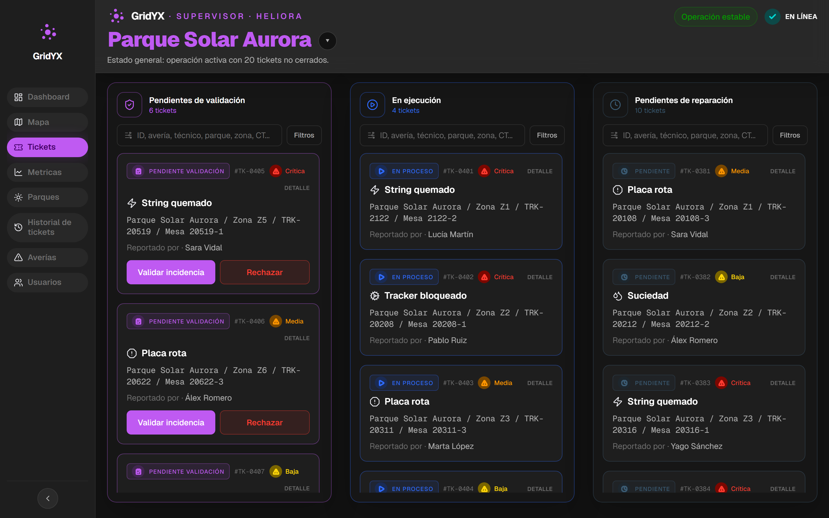 Escritorio del supervisor, recorte de la columna En ejecución: el ticket #TK-0401, String quemado, en proceso y con prioridad crítica, en el Parque Solar Aurora, zona Z1, tracker 2122, mesa 2122-2, seguido de los tickets #TK-0402 y #TK-0403