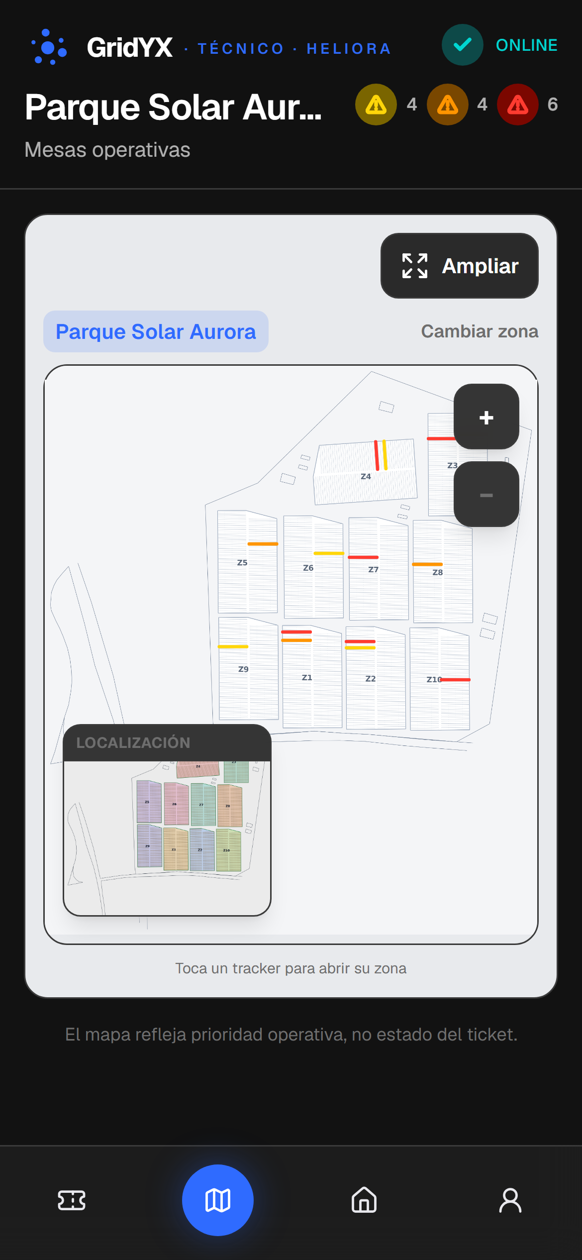 Captura de la aplicación GridYX: mapa del parque en el móvil del técnico con contadores de prioridad baja, media y crítica y plano de localización