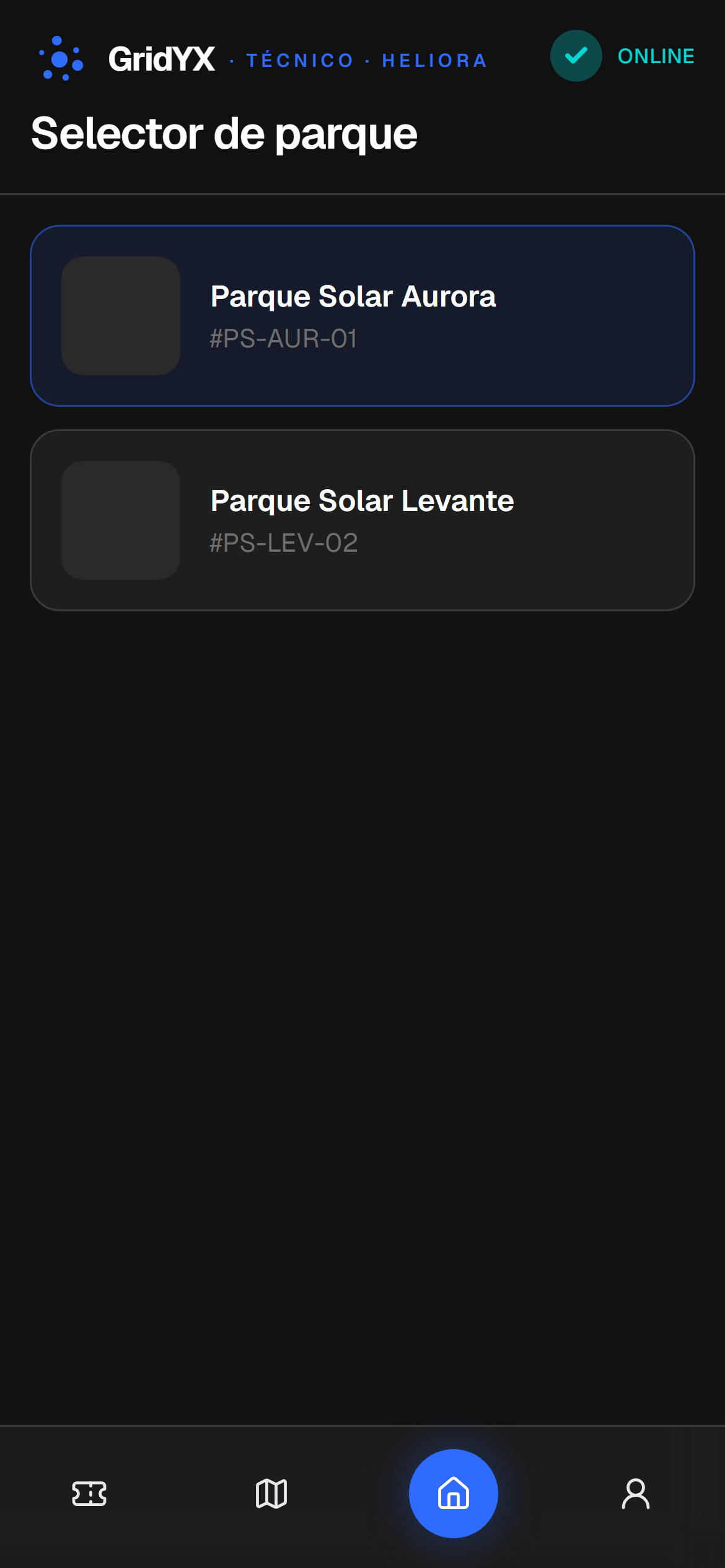 Selector de parque del técnico: Parque Solar Aurora (PS-AUR-01) seleccionado y Parque Solar Levante (PS-LEV-02) disponible
