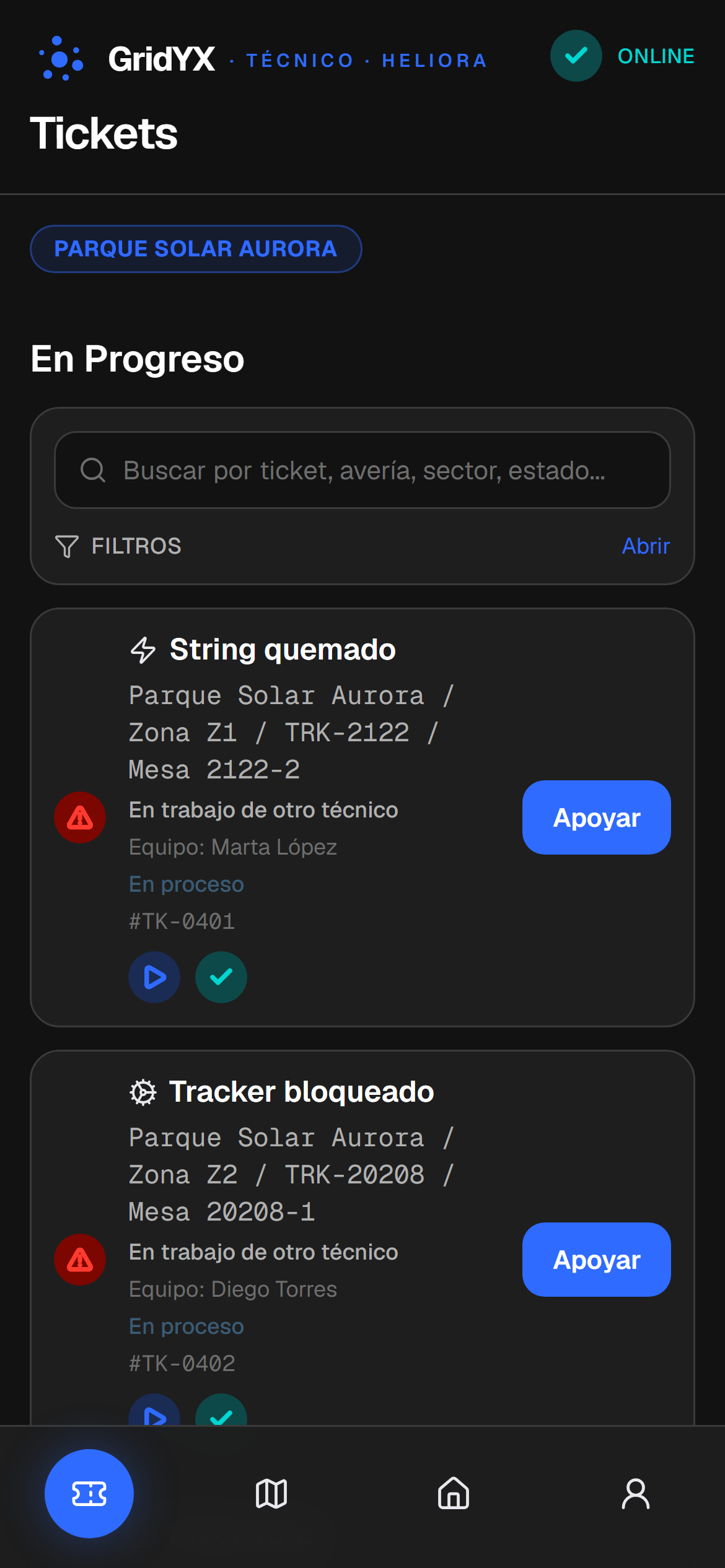 Captura de la aplicación GridYX: lista de tickets del técnico con buscador, filtros y dos tickets en proceso del Parque Solar Aurora