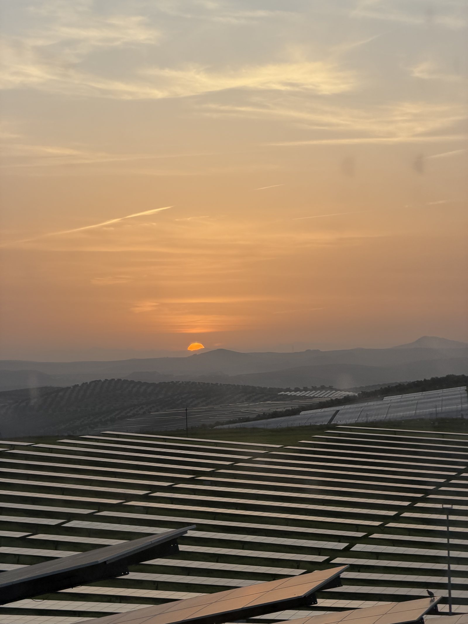 Atardecer sobre una planta fotovoltaica: el sol se oculta tras las montañas y las filas de paneles se extienden en primer plano